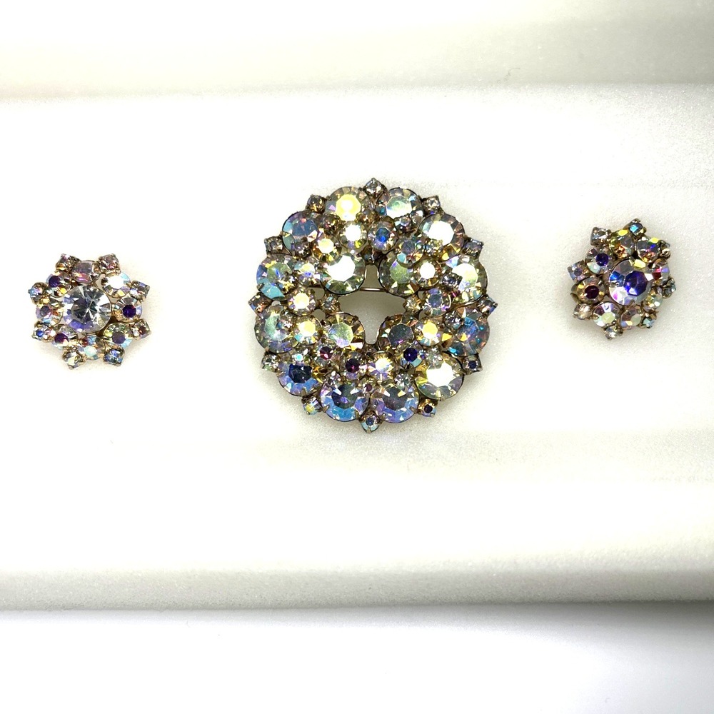 Brooch and Earring Set AB Aurora Borealis Rhinestones Large Vintage Prong Set